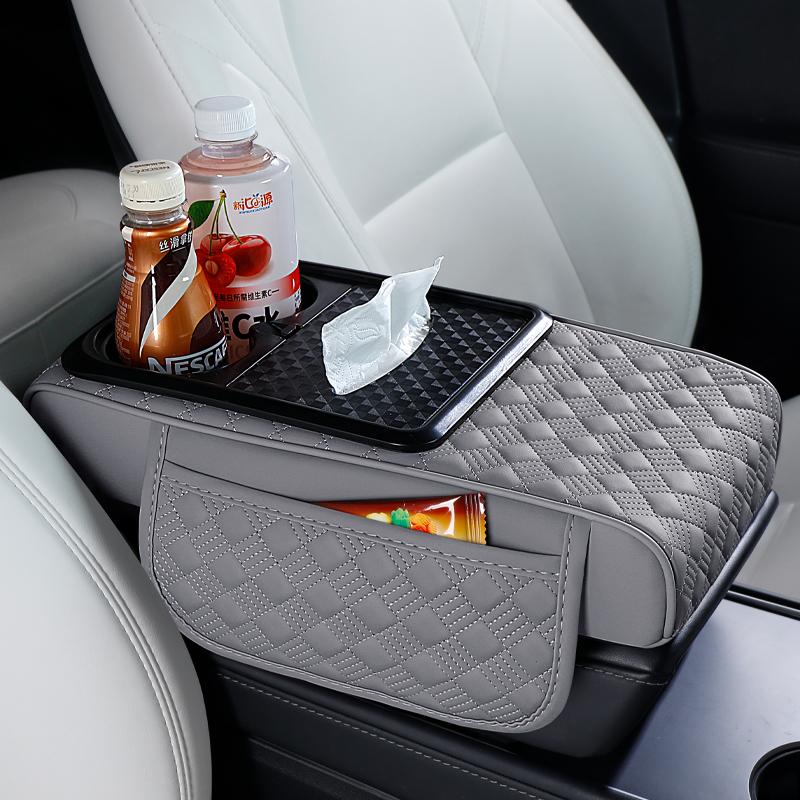 Multi-Function Car Armrest Pad with Cup Holder, Tissue Box & Side Storage Premium Napa Leather  Essential Comfort for Your Car