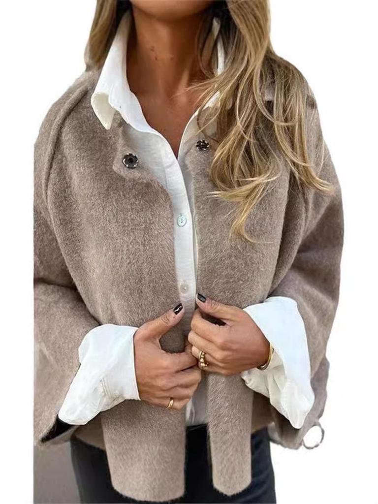 Dámský vlněný kabát z umělého kašmíru - Podzim/Zima, Volný krátký střih, Dlouhé rukávy