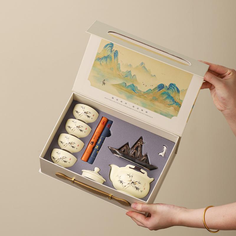 Guochao Ceramic Tea Set Gift Box Suet Jade Porcelain Kung Fu Tea Set Hand Gift Business Gifts Household Complete Set