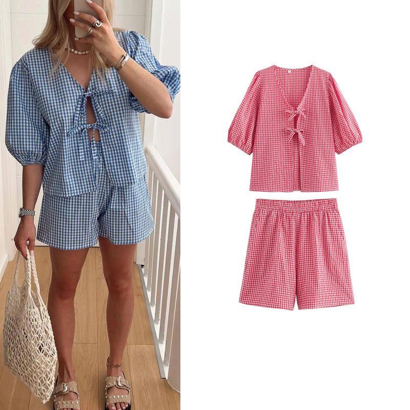 Spring New French Sweet Fashion V-neck Puff Sleeve Plaid Knotted Tops High Waist Casual Shorts