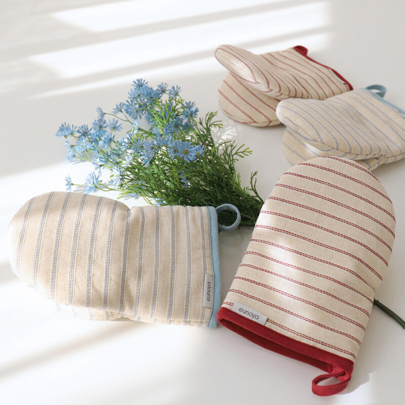 Line Stitch Linen Cotton Stripe Kitchen Oven Gloves Blue Stripe