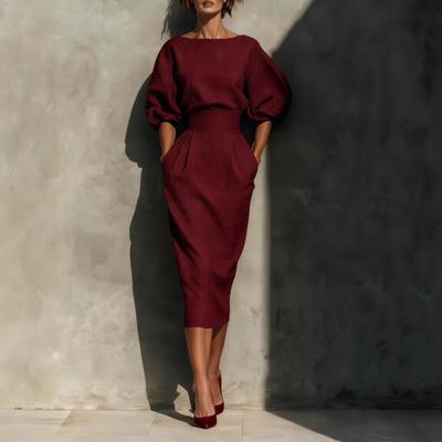 Spring and Autumn French Retro Elegant Dress, Boat Collar Bubble Sleeves Mid-waist Pleated Skirt, Foreign Trade Explosion
