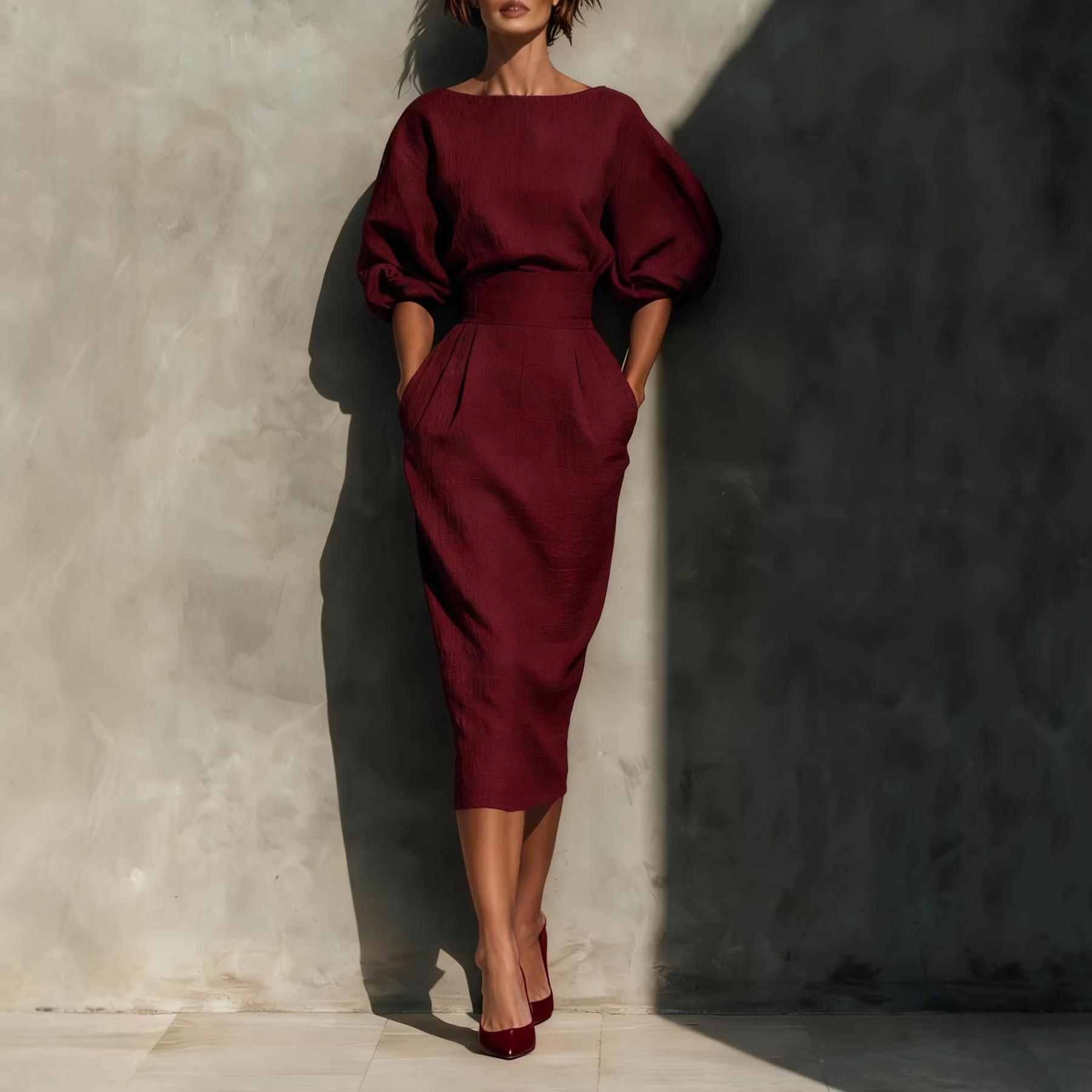 

Spring and Autumn French retro elegant dress, boat collar bubble sleeves mid-waist pleated skirt, foreign trade explosion S оранжевый