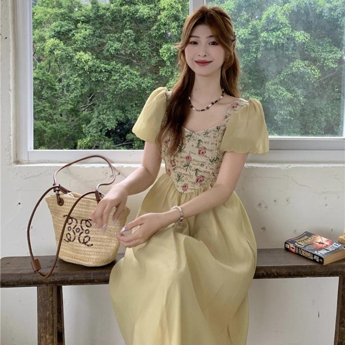 French summer dress new sweet small light and ripe floral dress waist and thin a word medium and long dress