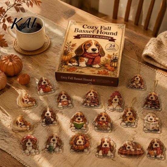 Autumn Theme Dog Decor 2026 Advent Calendar, 24-Days Christmas Countdown Calendar with 24 Festive Puppy Lover Box Ornament, 2D Acrylic Cartoon