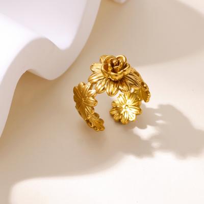 Vintage Blooming Flower Open Rings For Women Men Gold Color Stainless Steel Ring  Wedding Aesthetic Jewelry Accessories Gifts