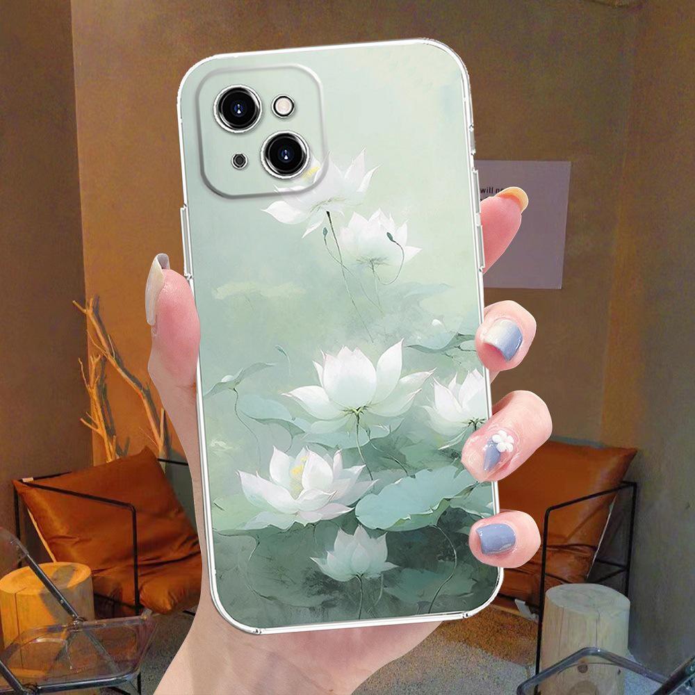 Fresh Floral Chinese-Style Transparent Silicone Phone Case for iPhone 11/12/13/14 Pro Max/15