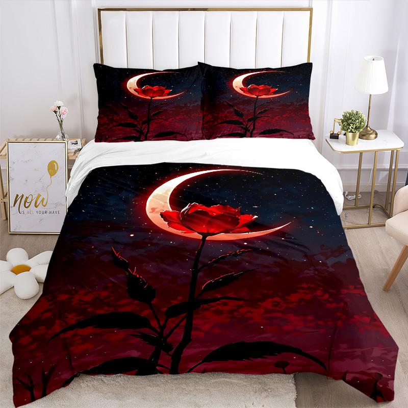 3pc Moon Rose Cover Set - 1 Quilt Cover + 2 Pillowcases, All Seasons Bedroom Setting, Perfect for Home006