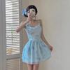 Sexy and Chic Mesh Printing Lotus Leaf Edge Primer Dress, Women's Summer Scheming Backless Waist Tube Top Skirt