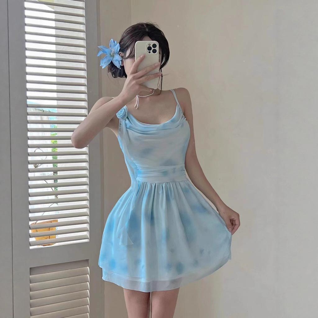 Sexy and Chic Mesh Printing Lotus Leaf Edge Primer Dress, Women's Summer Scheming Backless Waist Tube Top Skirt