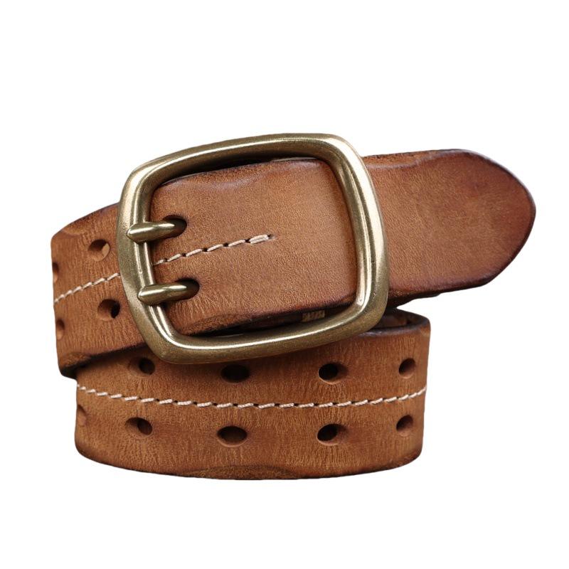 Vintage Style Double-Stitched Copper Buckle Men's Genuine Leather Belt