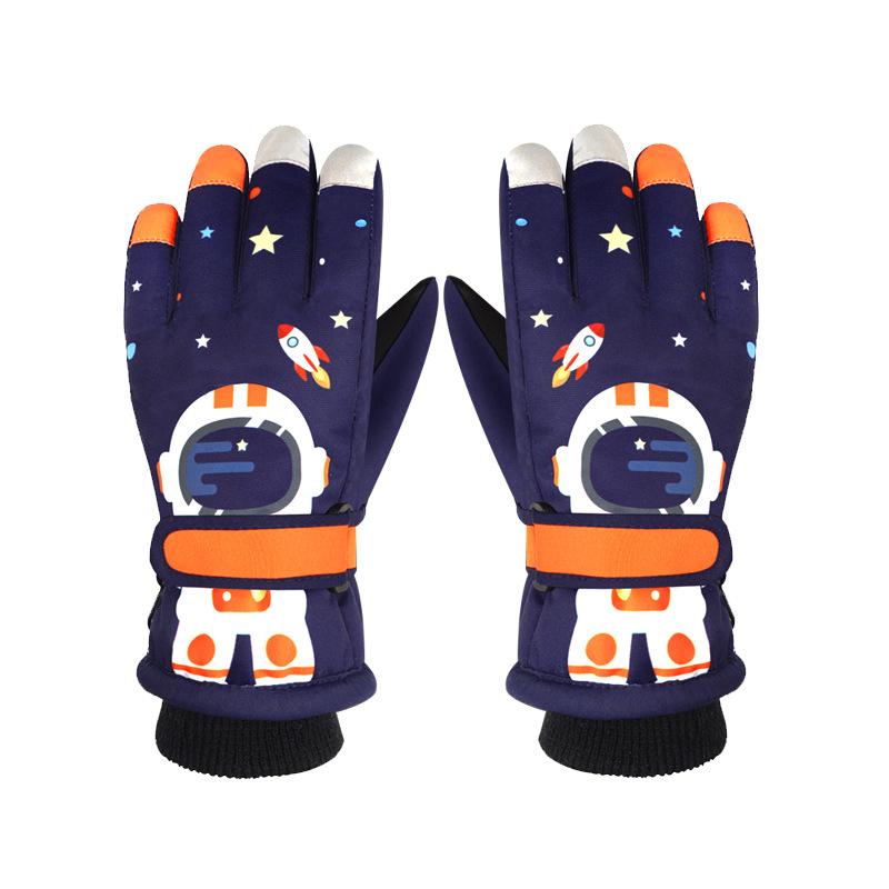 Children's Winter Skiing Gloves Astronaut Five Finger Thickened Windproof and Warm Cycling Gloves for Primary School Students Touch Screen Cartoon