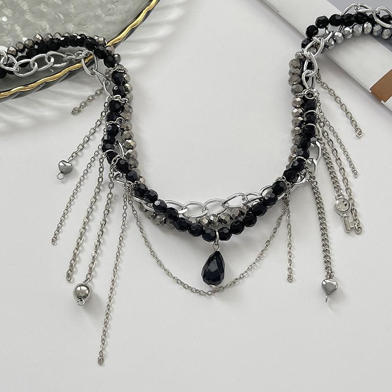 Collana Pendente Multi Strato con Nappa a Perla Rotonda a Forma di Cuore e Goccia d'Acqua Retro Gioielli per Ragazza Neri