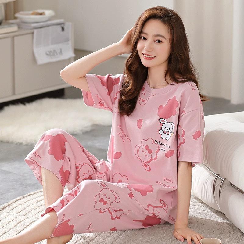 Women's Summer Korean Cartoon Pajama Set - Short-Sleeved Top with Seven-Point Pants