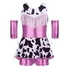 Girls Cowgirl Costume for Cosplay Party Metallic Gloss Cross Back Straps Fringed Dress with Built-in Shorts