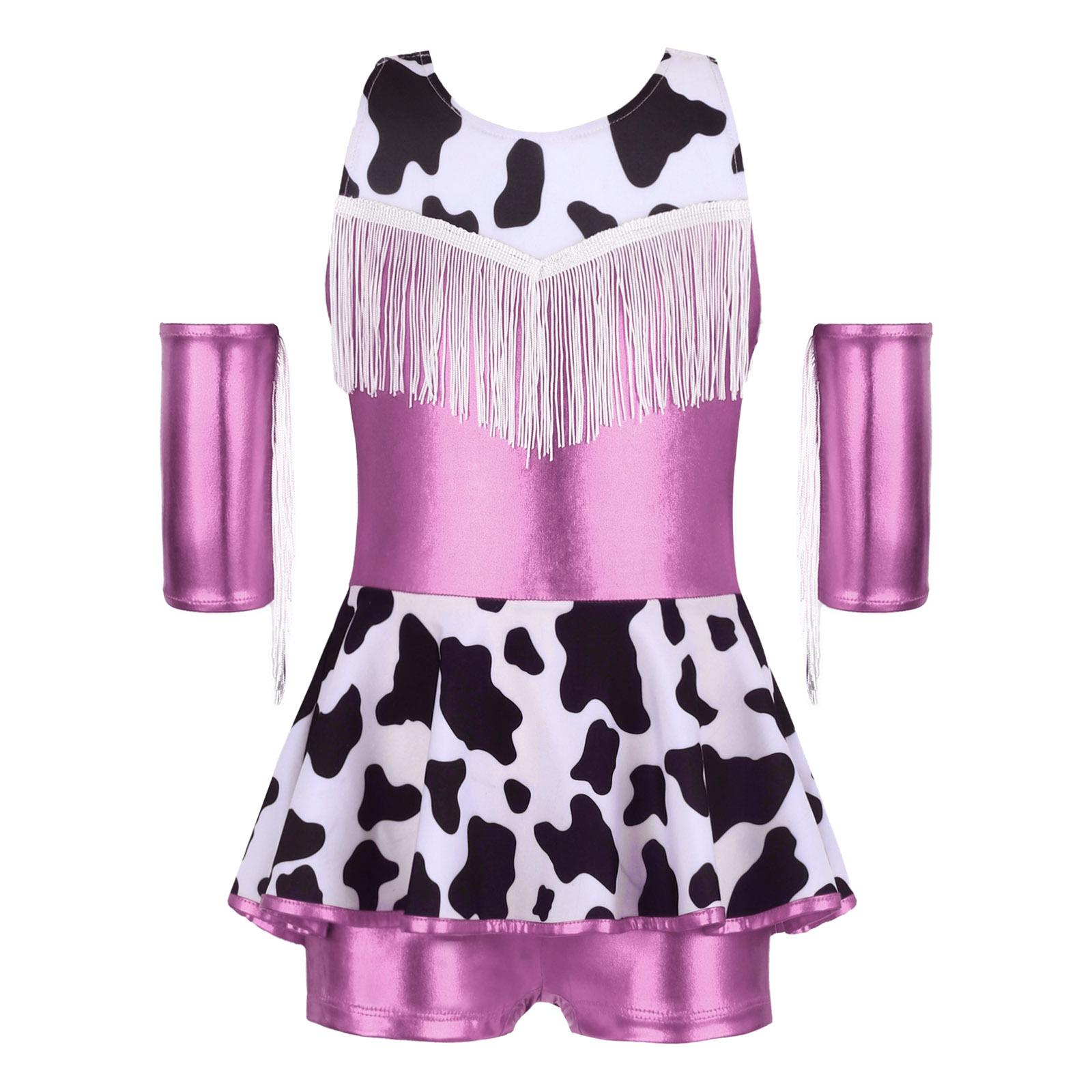 

Girls Cowgirl Party Costume Metallic Gloss Dress Fringed Chest Design Cross Shoulder Straps Backless Shorts 5-6 Years рожевий