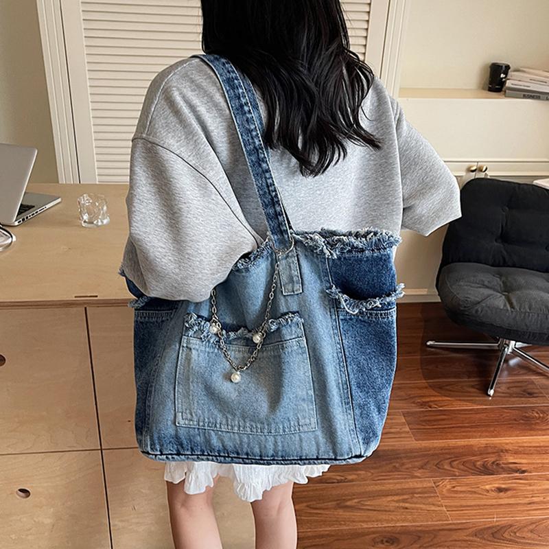Mode Kleurverloop Ruwe Rand Denim Tote Tas Dames Veelzijdig Grote Capaciteit Ketting Handtassen Eenvoudig Werk Een Schouder Tassen CLE