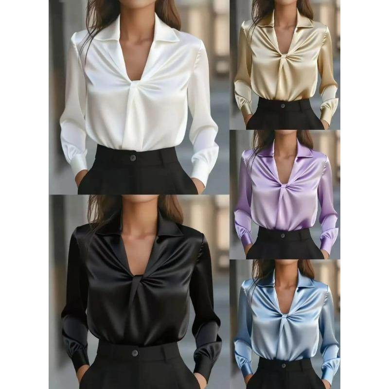 Spring Autumn Fashion Temperament Solid Colour Satin Pleated Long-sleeved Shirt for Women