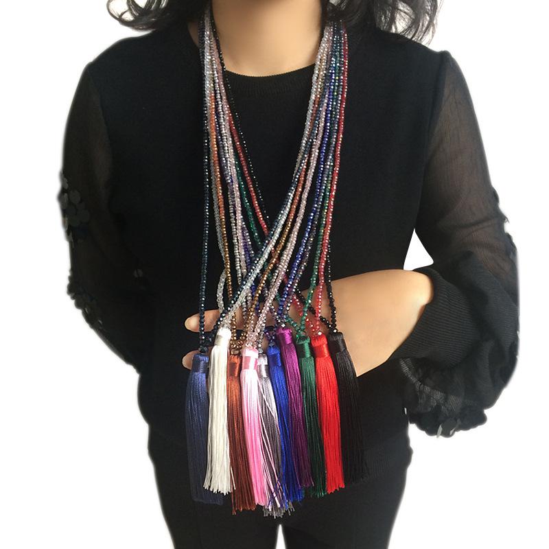 Velvet Thread & Crystal Beaded Tassel Necklace: 10-Color Handmade Women's European & American Long Chain Jewelry