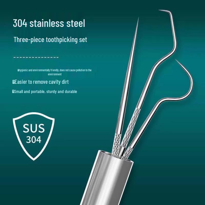 Ultrafeiner Zahnstocher und Zahnseidenstick aus Edelstahl in tragbarer Metalldose (Familienpackung)