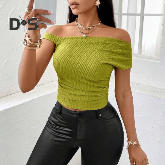 Damen-Oberteile, asymmetrisches Design, normale Passform, asymmetrischer schräger Kragen, kurzärmelige, schmale Oberteile für den Alltag