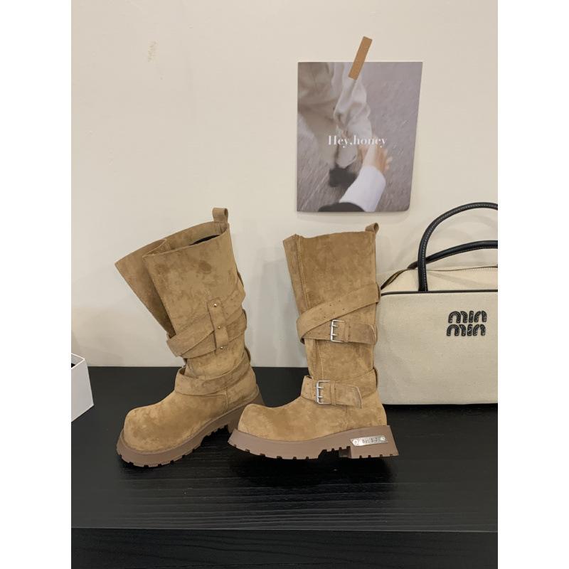 

2025 новые ретро западные ковбойские сапоги платформа пряжка ремня толстый каблук сапоги на наборном каблуке рыцарские сапоги 40 темные хаки