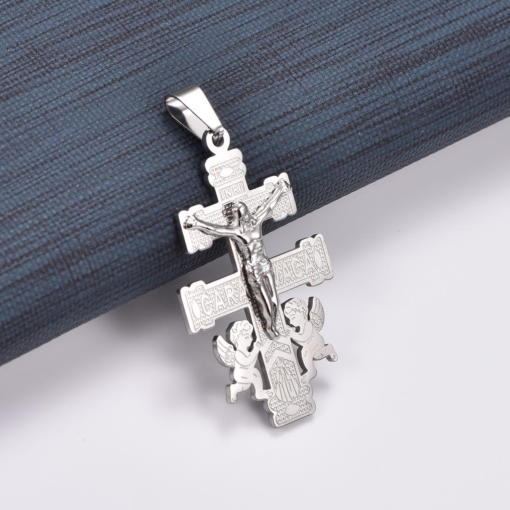 Retro Stainless Steel Little Angel Jesus Crucifix Cross Pendant Necklace Chain for Women Men Prayer Faith Charms Metal Jewelry