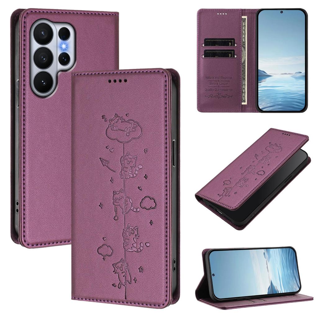 Cute Cat Embossed Flip Cards Solt Leather Wallet Phone Case For Samsung S26 Ultra S25 S24 Plus S23 For Magsafe Shockproof Cover