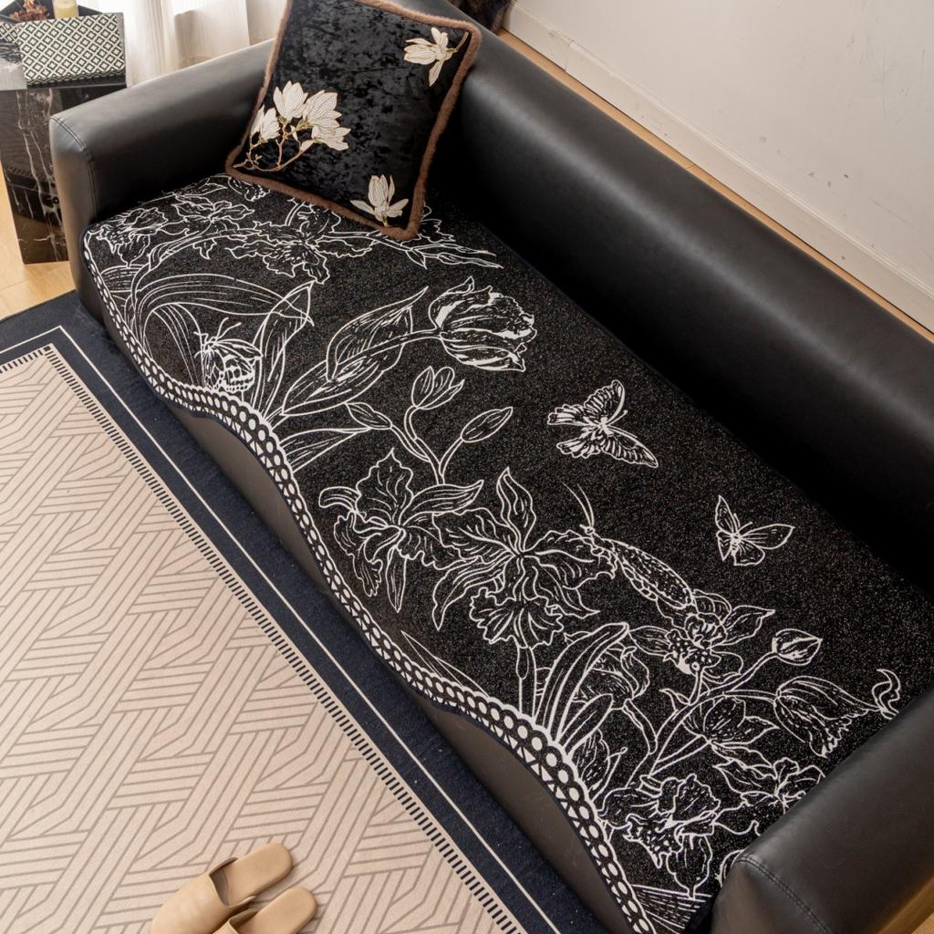 Copridivano Jacquard Chenille Floreale Spesso Orlo Curvo Unico Asciugamano Decorativo per Divano Universale per Soggiorno Fodera Mobili