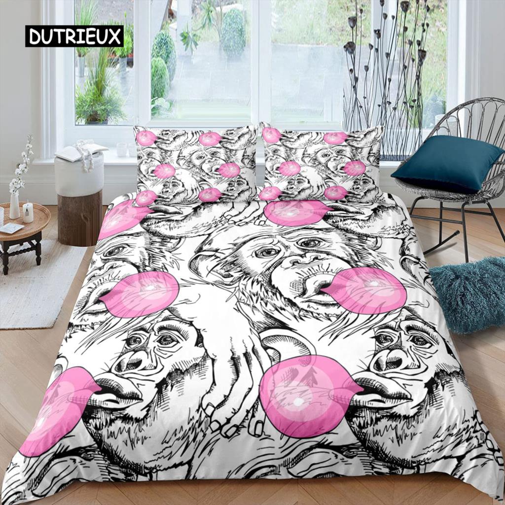 Orangutan Duvet Cover Cute Monkey Bedding Set Polyester Tropical Botanical Animal Print Comforter Cover