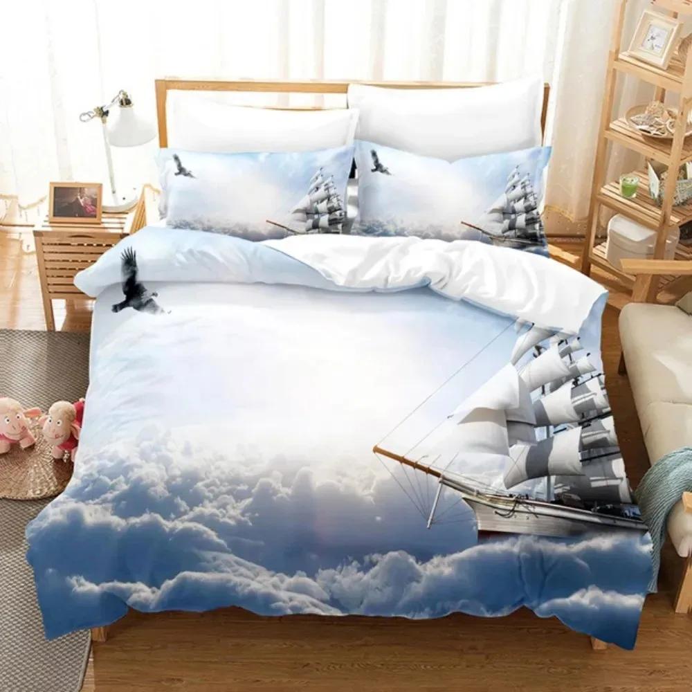 SailBoat Sea Bedding Set Ocean Sunset Scenery Duvet Cover Pillowcases Twin Full Queen King Size for Boys Adult Gift Bed Linen