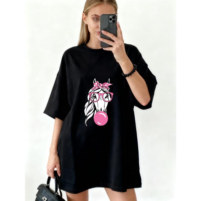 Oversized T Shirt Black Horse With Pink Glasses And Bow Bubble Gum Print Casual Wear For Women Summer Outfit Street Style Fashion Top