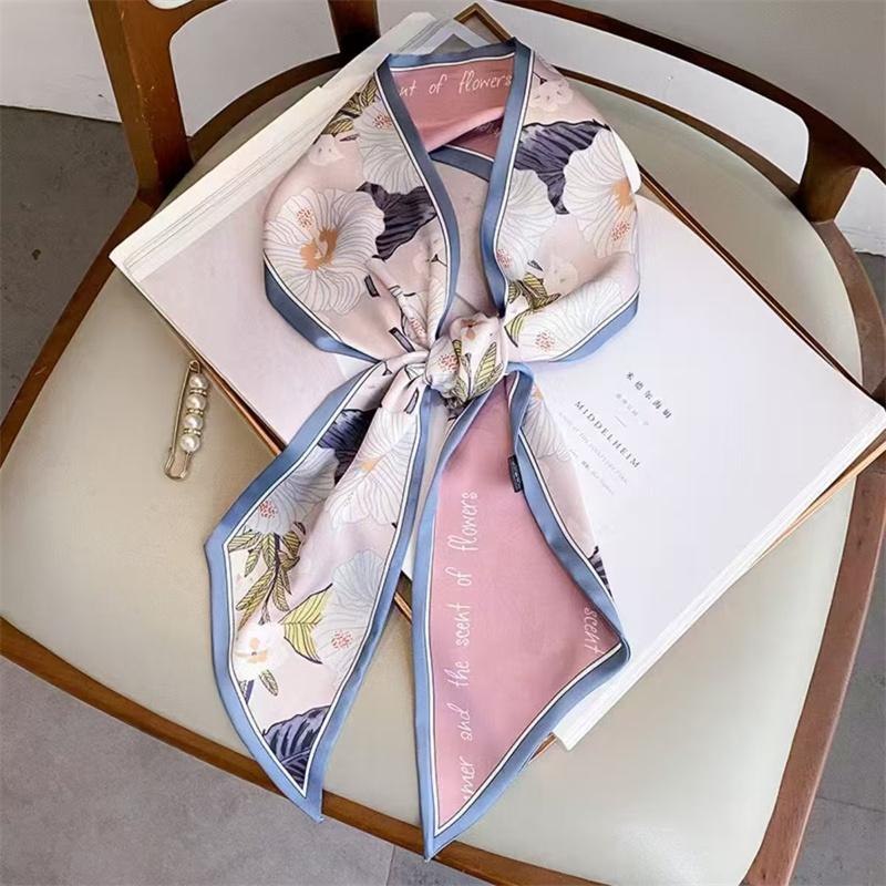 Fashion Blue Print Silk Scarf Women Soft Satin Horse Hairband Bevel Neckerchief Office Hijab Headband Foulard Bag Ribbons Gift