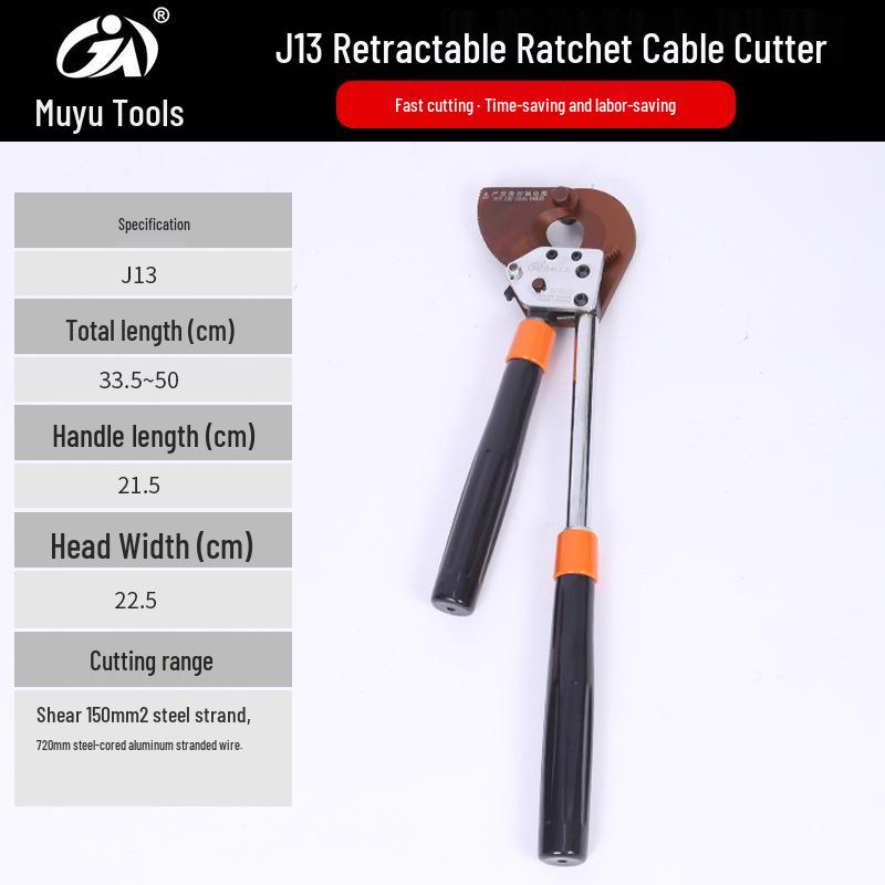 Rubberized Retractable Ratchet Cable Cutter - Gear-Type Wire Scissors