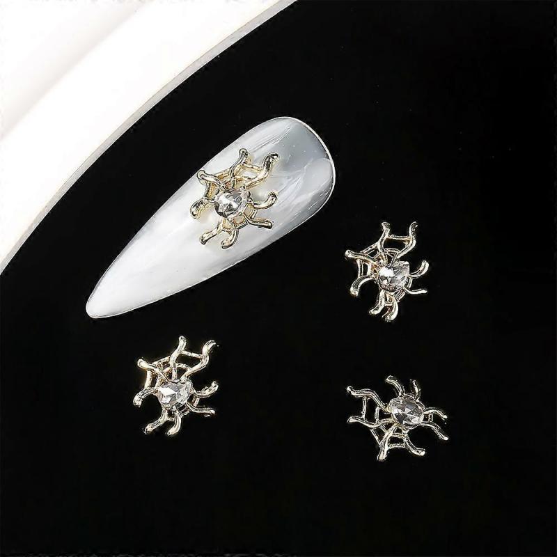 12-Pack Halloween Nail Ornaments Spider Nail Ornaments for Acrylic Nails Kawaii 3D Gold Nail Ornaments Silver Nails Rhinestones 6 Styles Mix