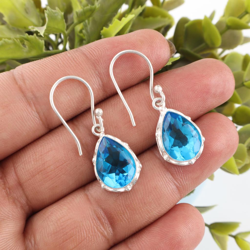 Swiss Blue Topaz Earrings Gemstone, 925 Solid Sterling Silver Earrings Jewelry, Handmade Earrings , Silver Jewelry For Gift