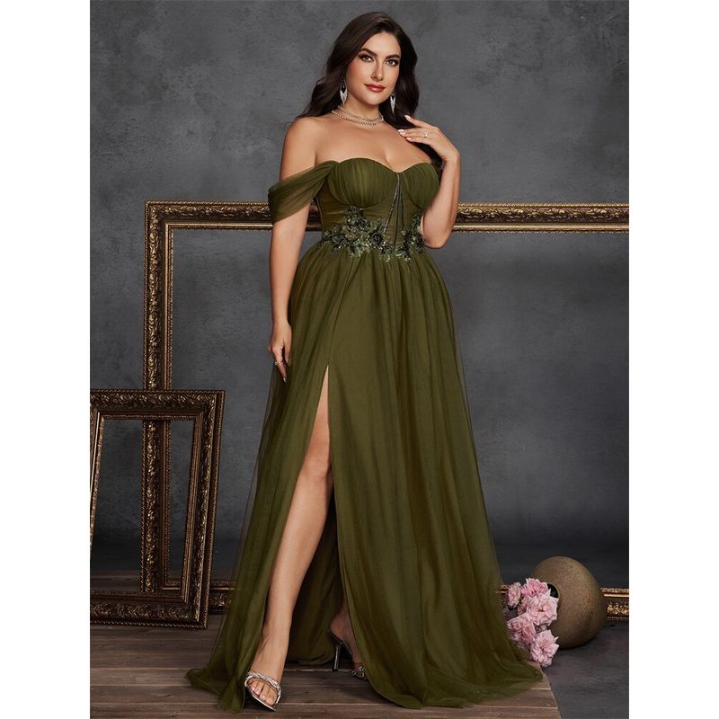 Cross-Border European and American Plus Size Women s New Evening Dress Plus Size Party Dress 4XL Olive green 0 XL