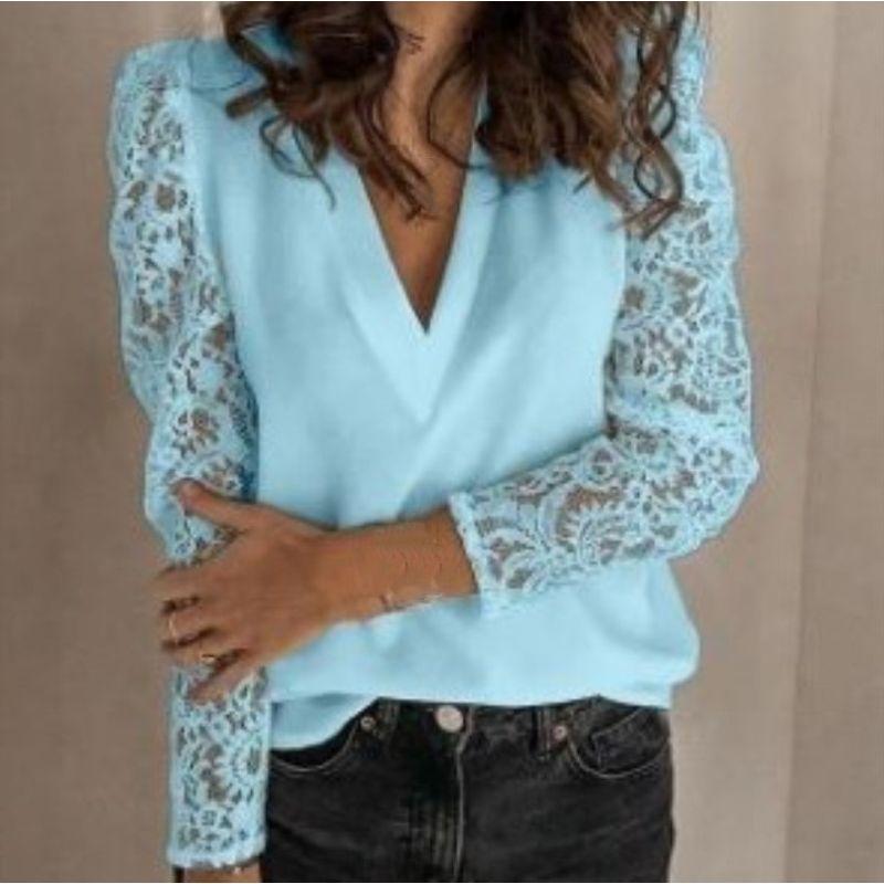 

2023 Women s Split Lace Chiffon Shirt Sky Blue 2XL