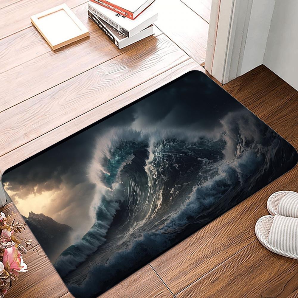 Ocean Storm Wave Rug Thickened Anti-Slip Base Entrance Hallway Anti-Slip Mat Water-Absorbent, Stain-Resistant Doormat