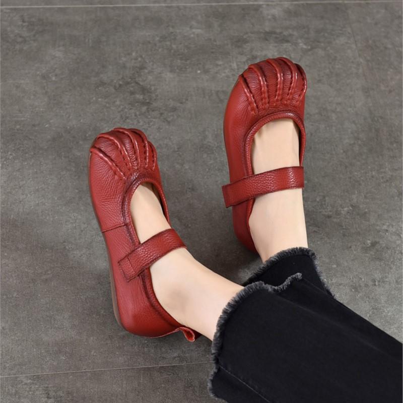 Johnature Echt Leer Zachte Zool Lage Uitsparing Platte Schoenen Comfortabele Ronde Neus Damesschoenen