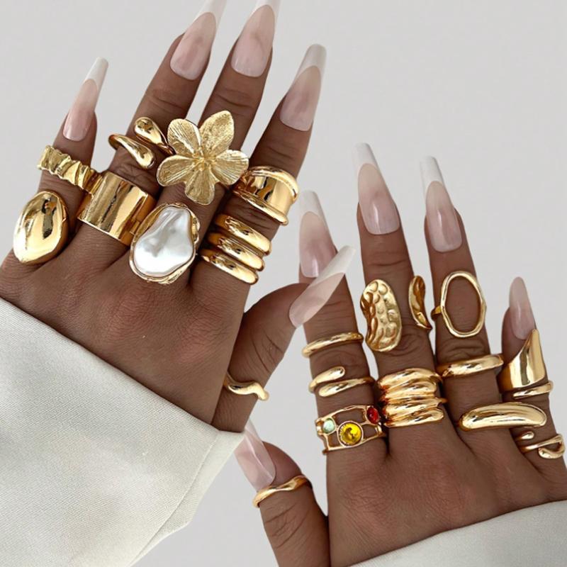 6/14/20 Pcs Imitation Pearl Flower Zircon Rings Set for Women Vintage Elegant Irregular Gold Color Open Ring Party Jewelry Gifts