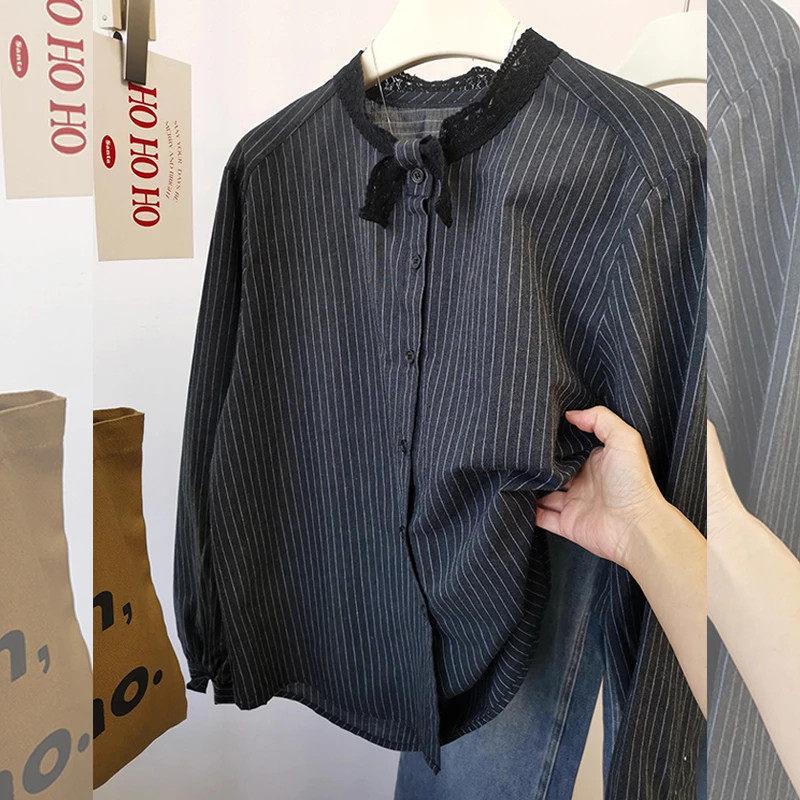 

Retro Style Striped Long Sleeve Shirt for Women - Age-Reducing, Loose Fit, Ideal for Spring and Autumn Commuting Extra Large
