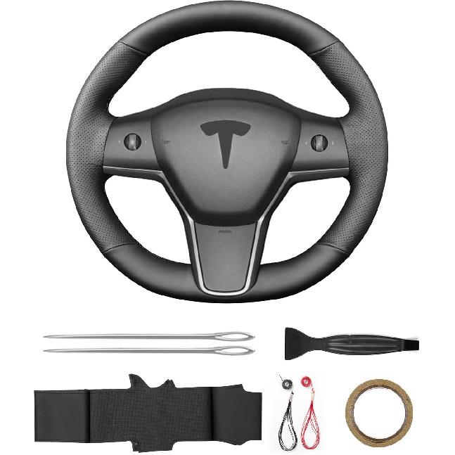 Hand Sewn Steering Wheel Cover,Fit For Tesla Model 3 2017-/Model Y -,Non-Slip Breathable Microfiber Leather Steering Wheel Cover On Wrap Car Interior
