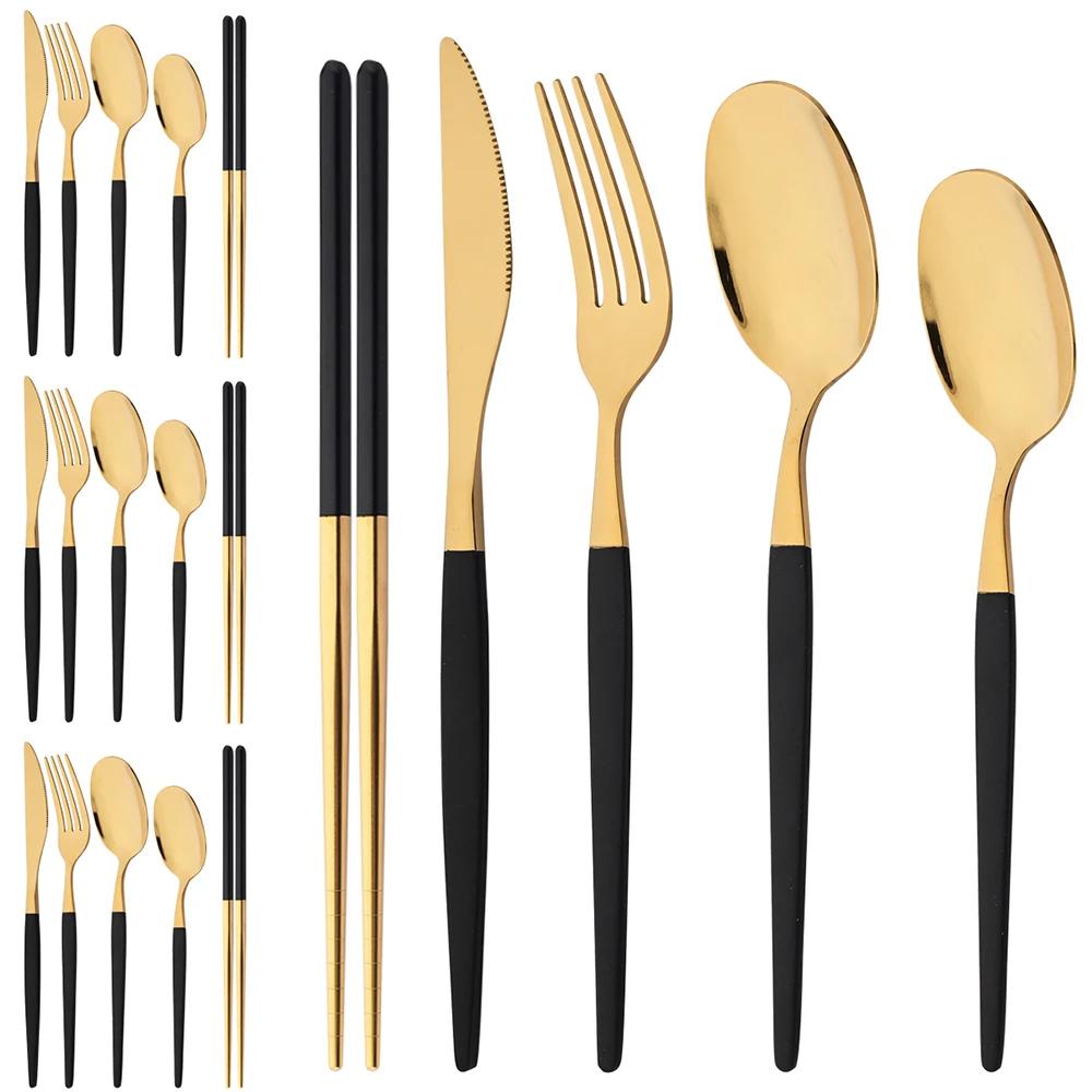 20-teiliges goldenes Geschirrset Edelstahl Tafelgeschirr Steakmesser Gabel Löffel Teelöffel Essstäbchen Besteckset Küchenbesteck