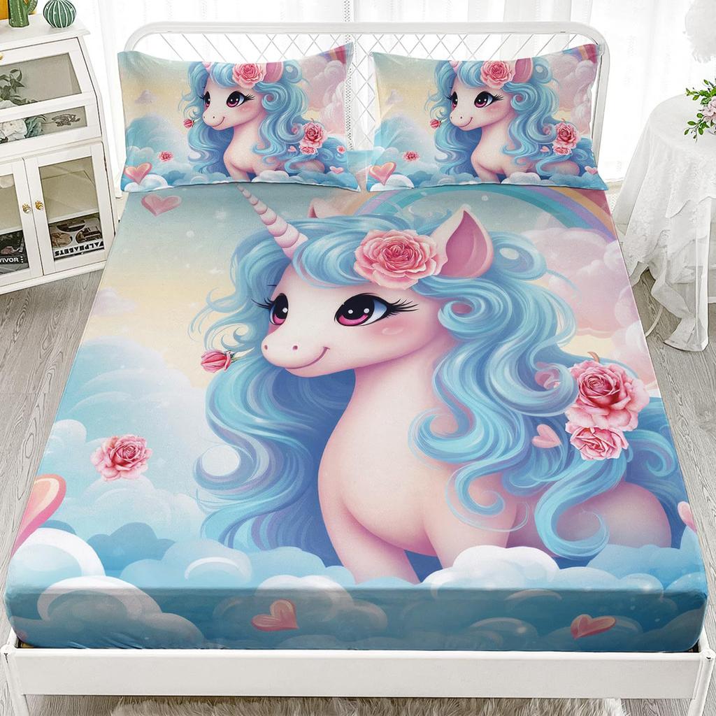 Cartoon Unicorn Pattern Mattress Three-Piece Digital Printing Mattress Bedding Set Adult Children