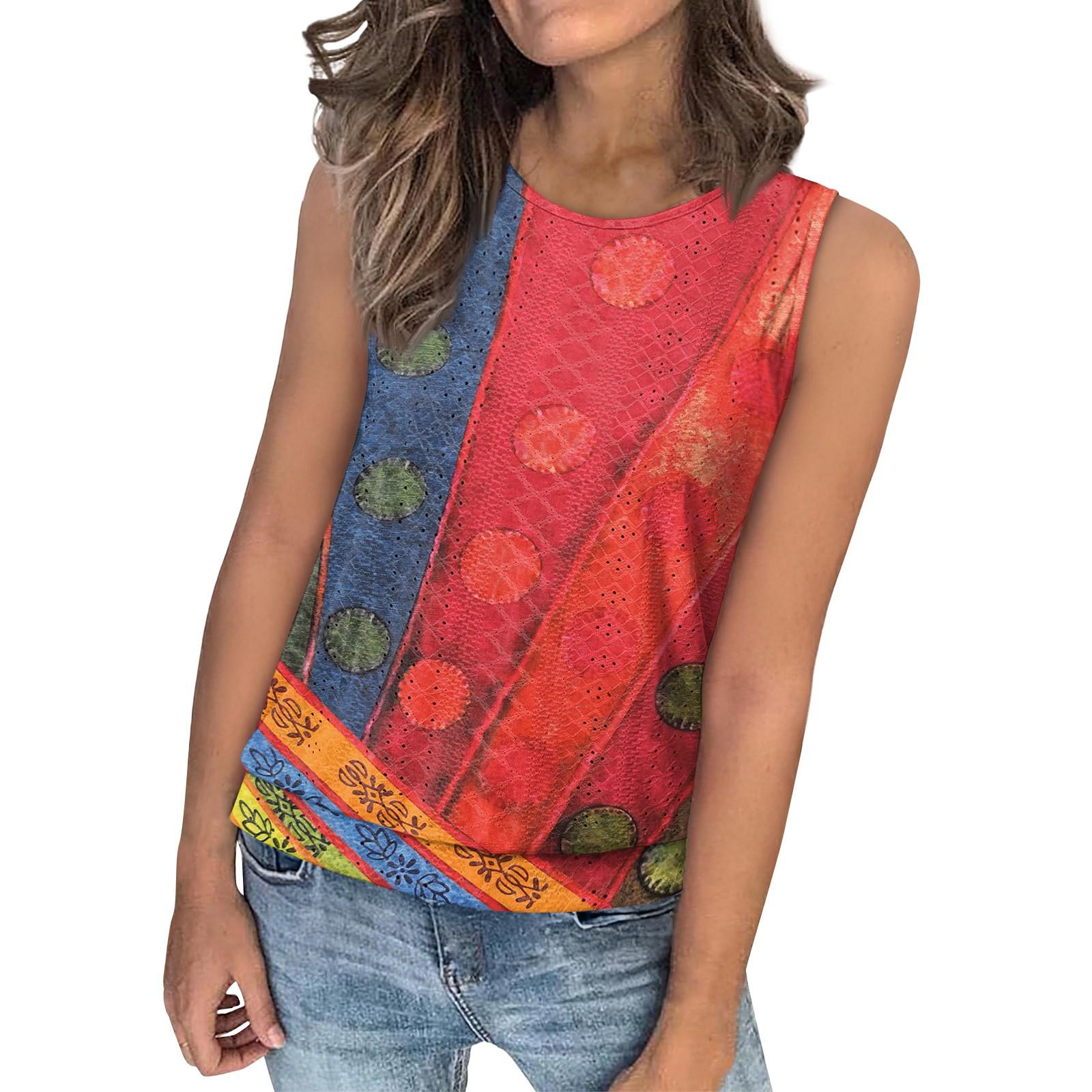 

Женский свободный модный повседневный ретро-принт с круглым вырезом без рукавов летний жилет XL арбуз красный