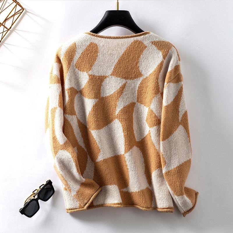 Women S Crew Neck Pullover Knit Sweater Geometric Pattern Basic Wear