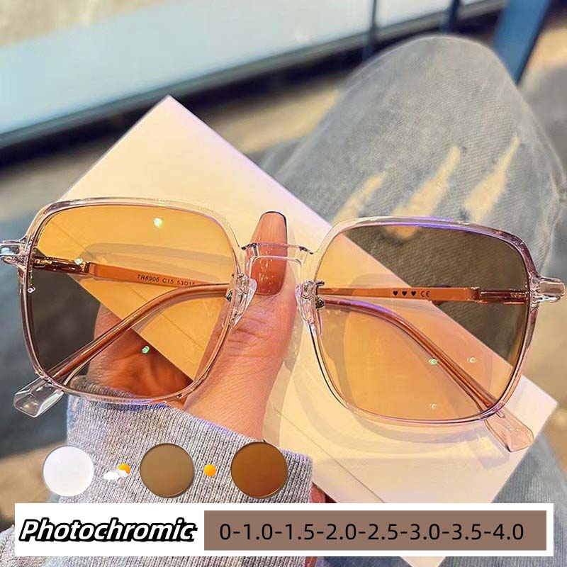 Men Women Oversized Myopia Glasses Intelligent Color Changing Near Sight Eyewear Ultra Light Optical Glasses 0-1.0-1.5-2.0-4.0