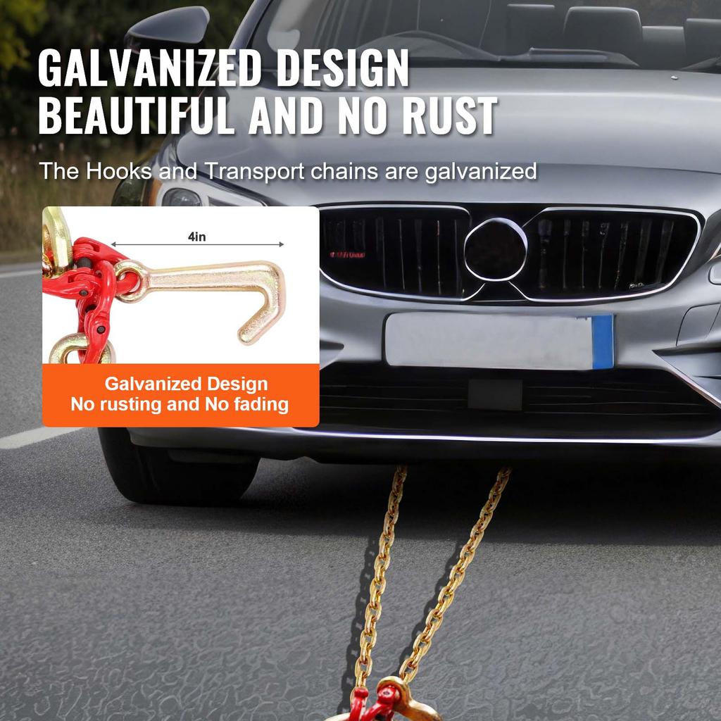 SucceBuy G80 V Towing Binder Chain with R/T/J Hook & Grab Hooks Transport Tow Bridle Chain for Flatbed Truck Wrecker Recovery