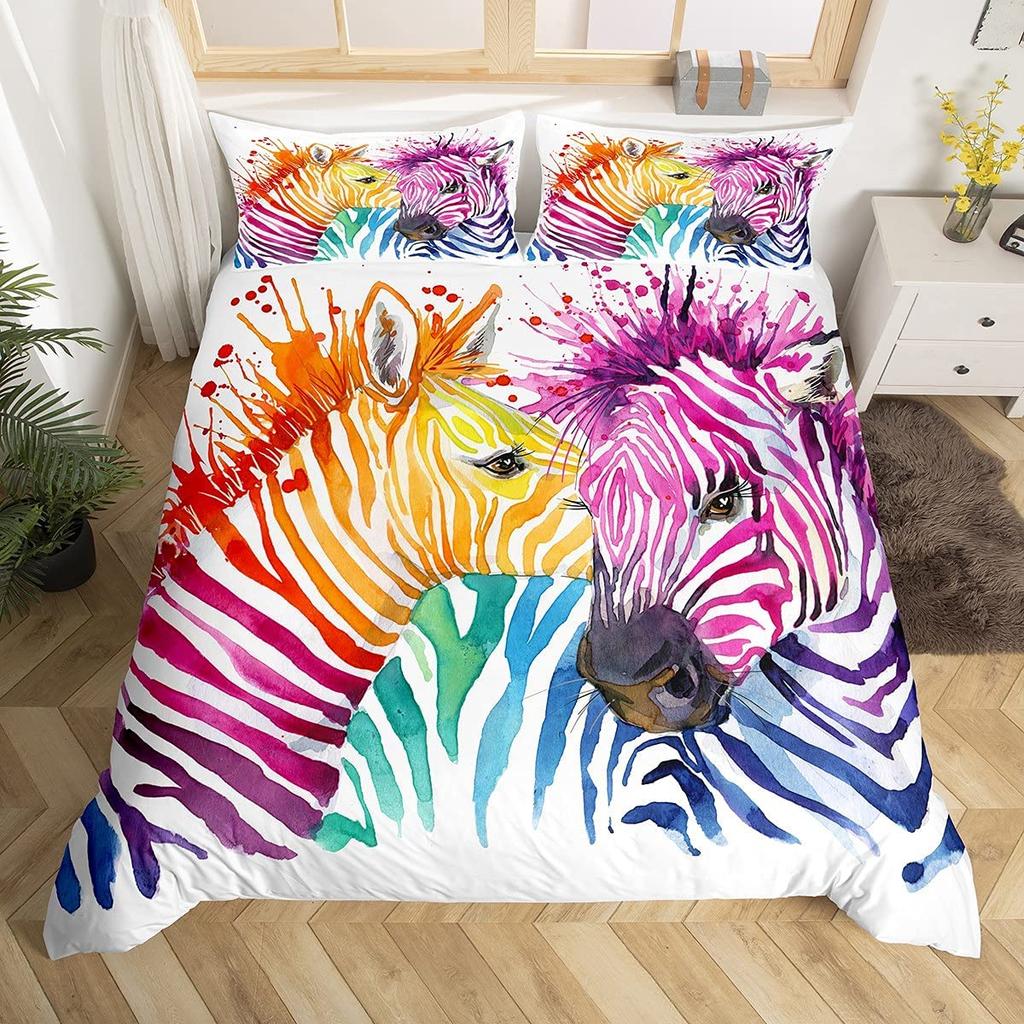 Zebra Duvet Cover Set King Queen Size Polyester Comforter Cover Black And White Stripe Wild Animals For Kids Teens Bedding Set